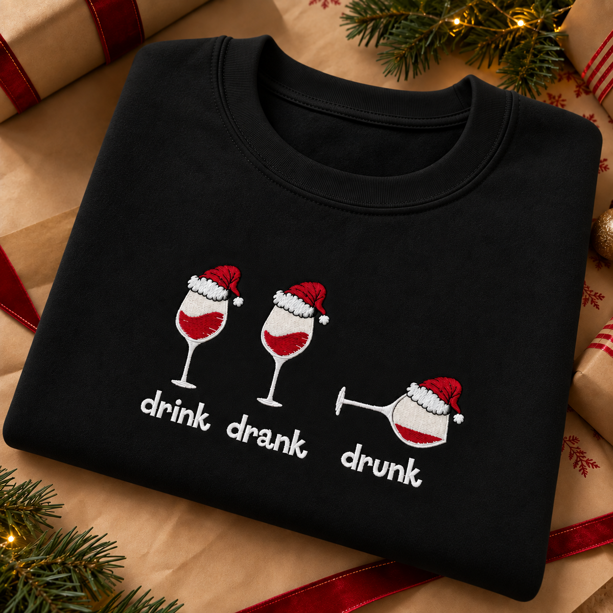 Drink, drank, drunk. funny wine glass christmas jumper