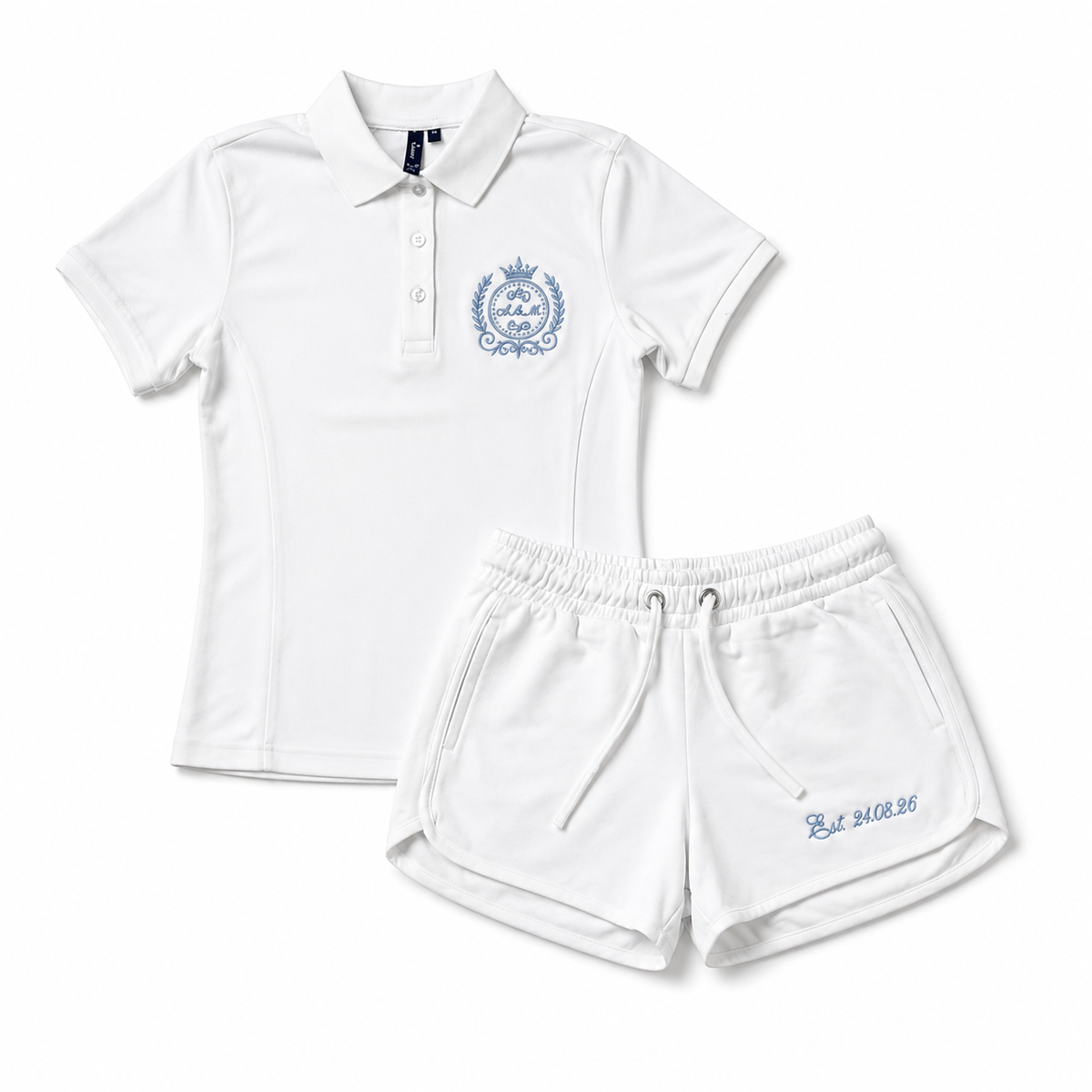 Personalised embroidered polo shirt & shorts set with elevated monogram crest