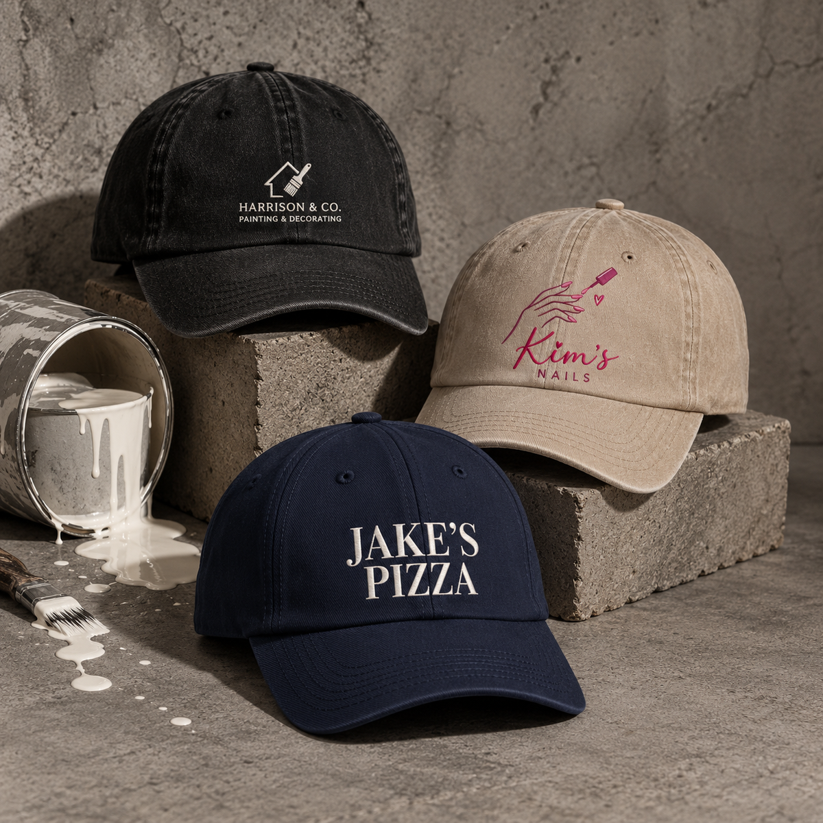 Workwear caps with text or company logo.