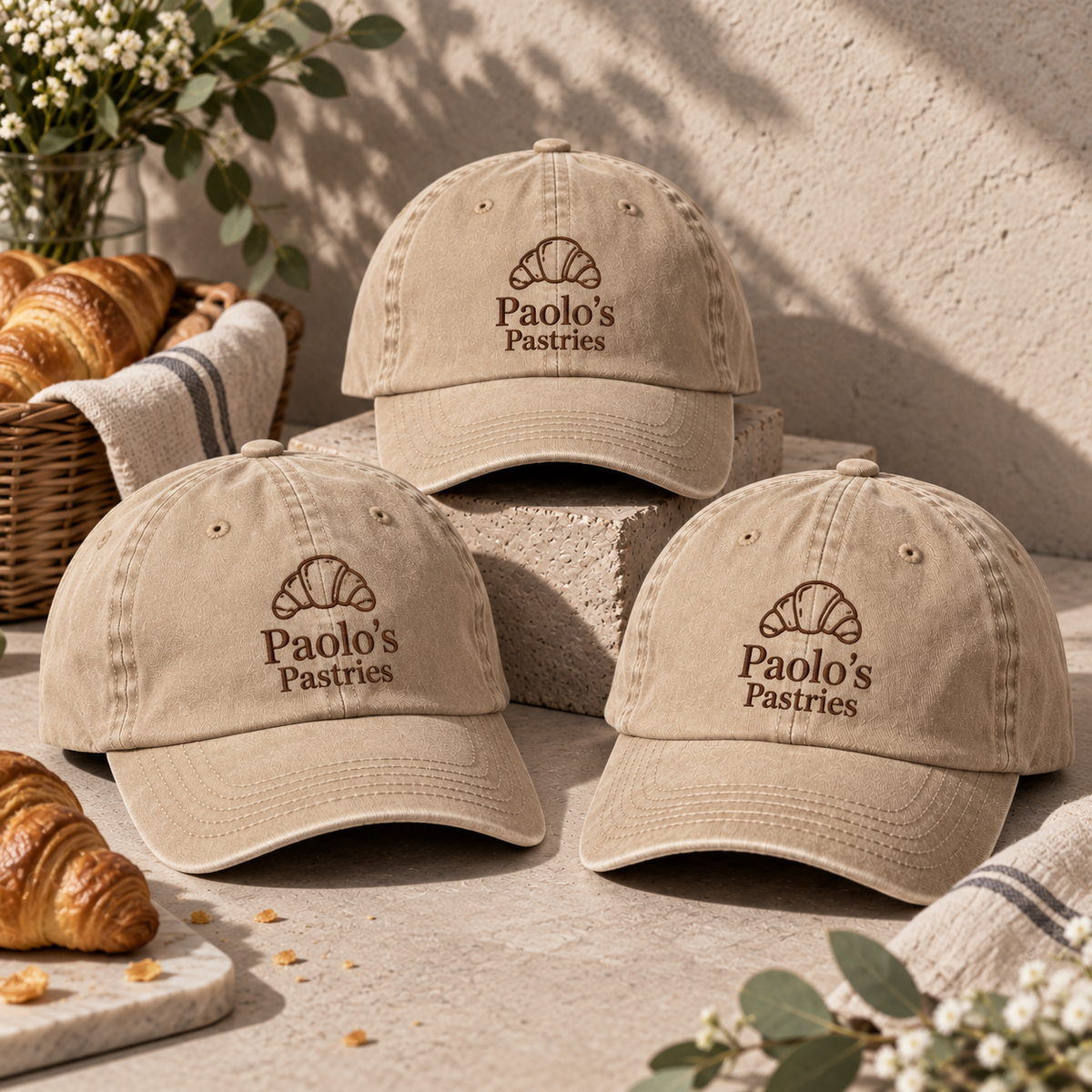 Workwear caps with text or company logo.