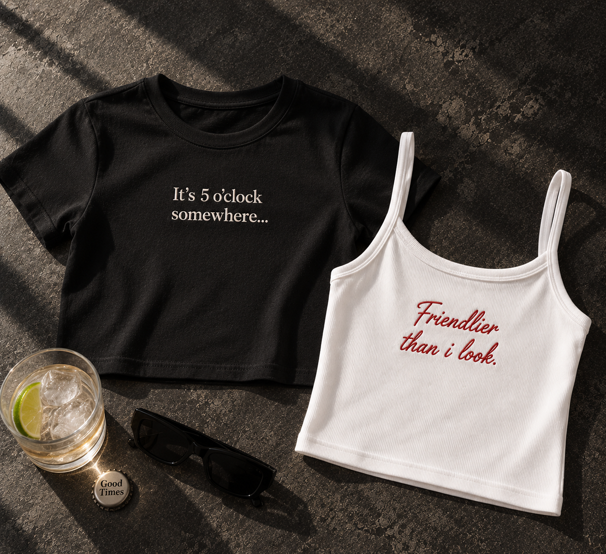 your slogan on a baby tee or mini strappy vest top.