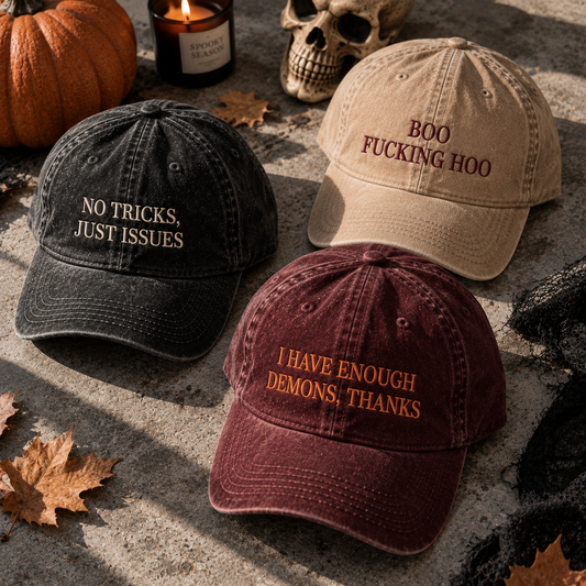 Halloween dark humour slogan caps