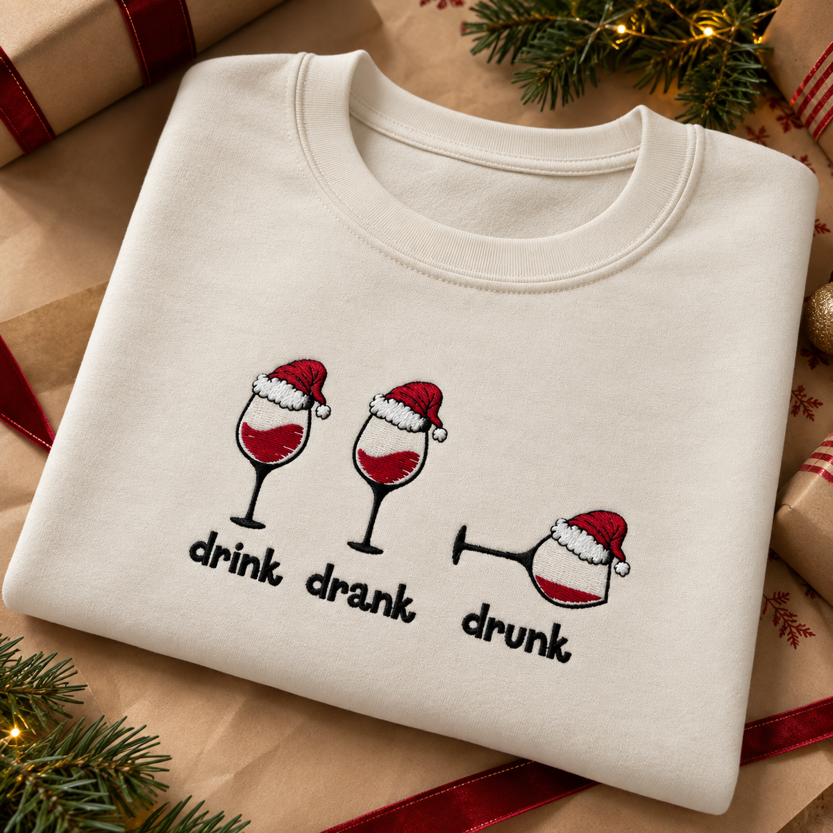 Drink, drank, drunk. funny wine glass christmas jumper
