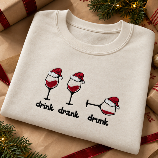 Drink, drank, drunk. funny wine glass christmas jumper