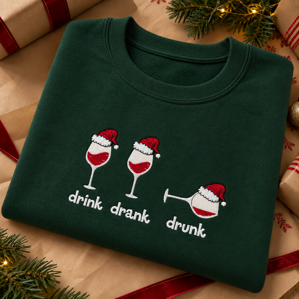 Drink, drank, drunk. funny wine glass christmas jumper