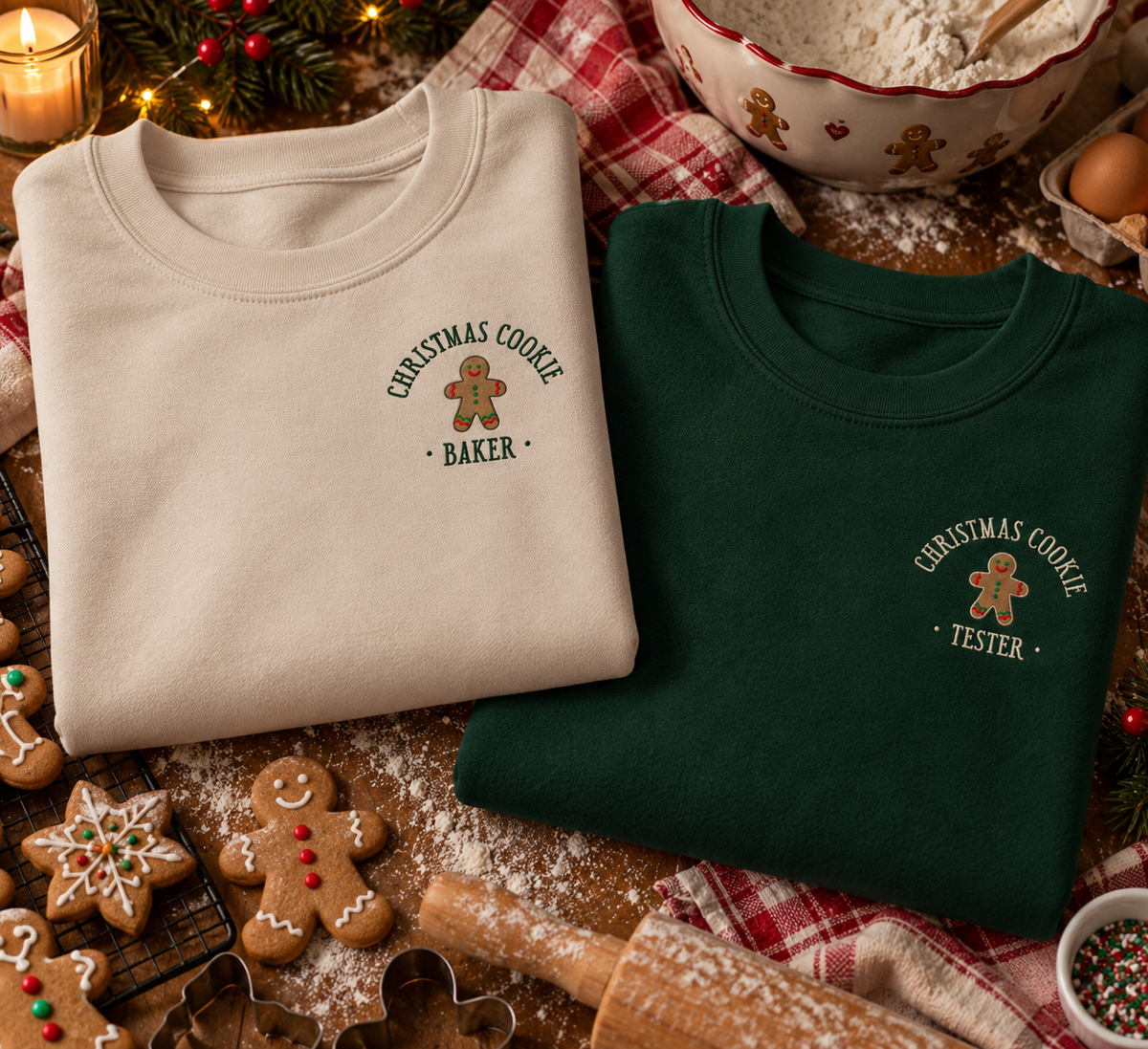 Christmas cookie baker / tester sweatshirts with personalised sleeves