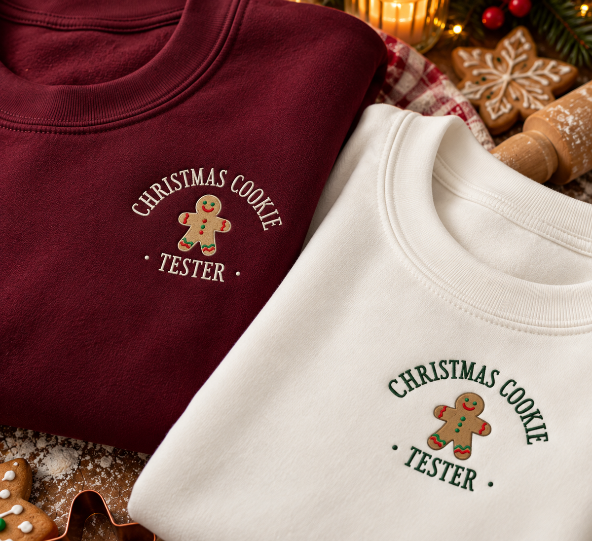 Christmas cookie baker / tester sweatshirts with personalised sleeves