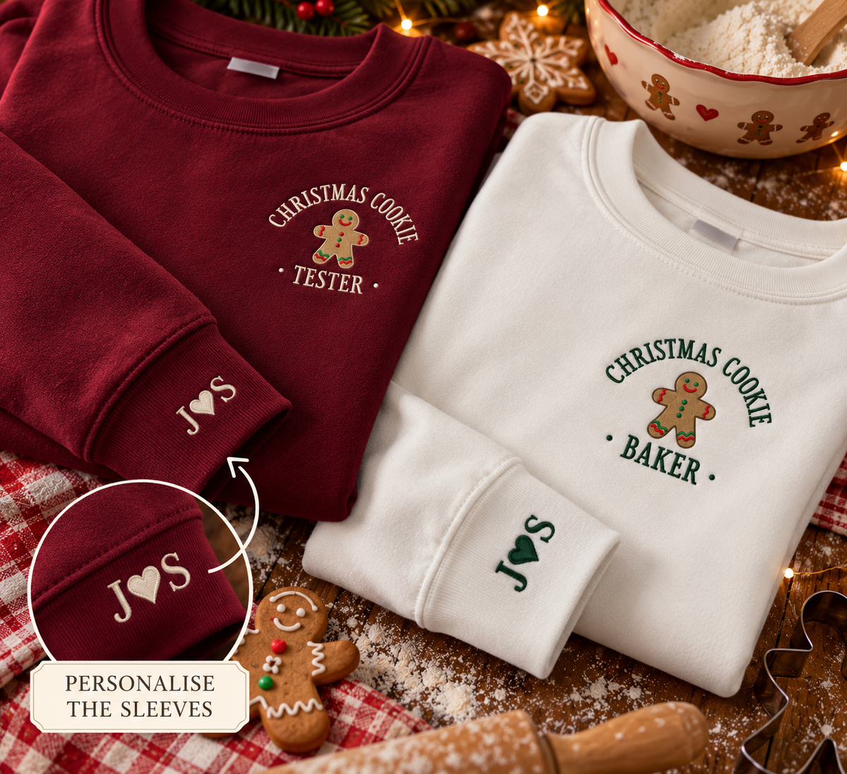 Christmas cookie baker / tester sweatshirts with personalised sleeves