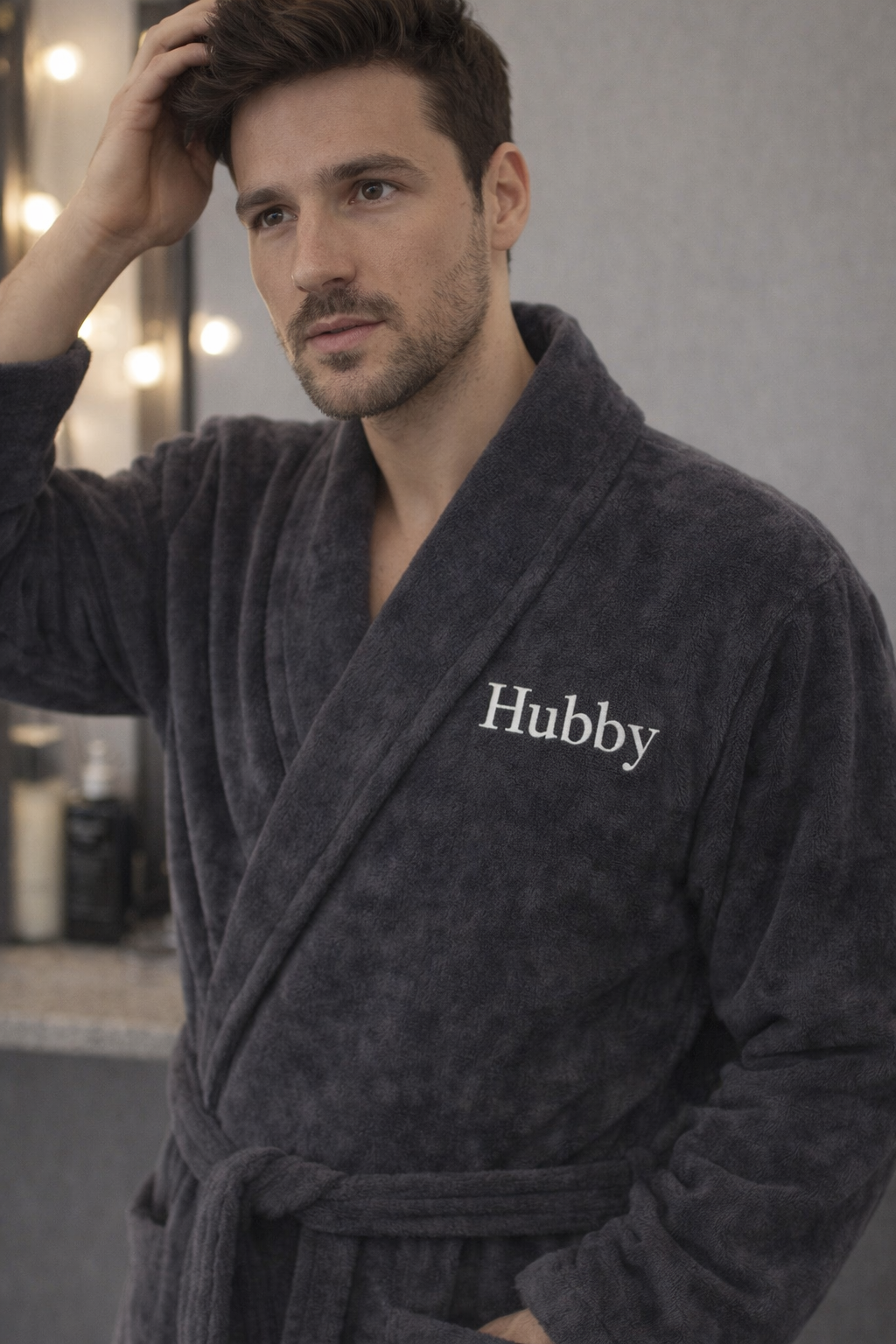 Personalised embroidered velour bathrobe for him