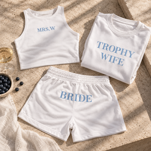 Personalised white bridal shorts & top co-ord set