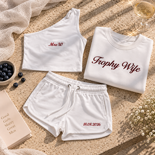 Personalised assymetric white bridal shorts & top co-ord set
