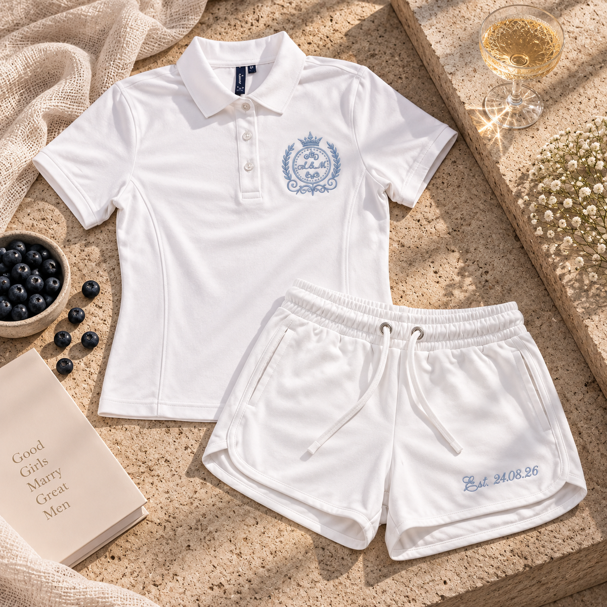 Personalised embroidered polo shirt & shorts set with elevated monogram crest