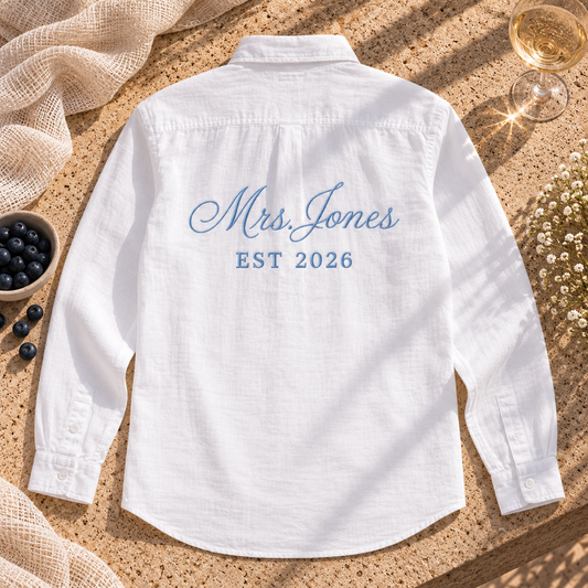 Personalised embroidered white beach shirt