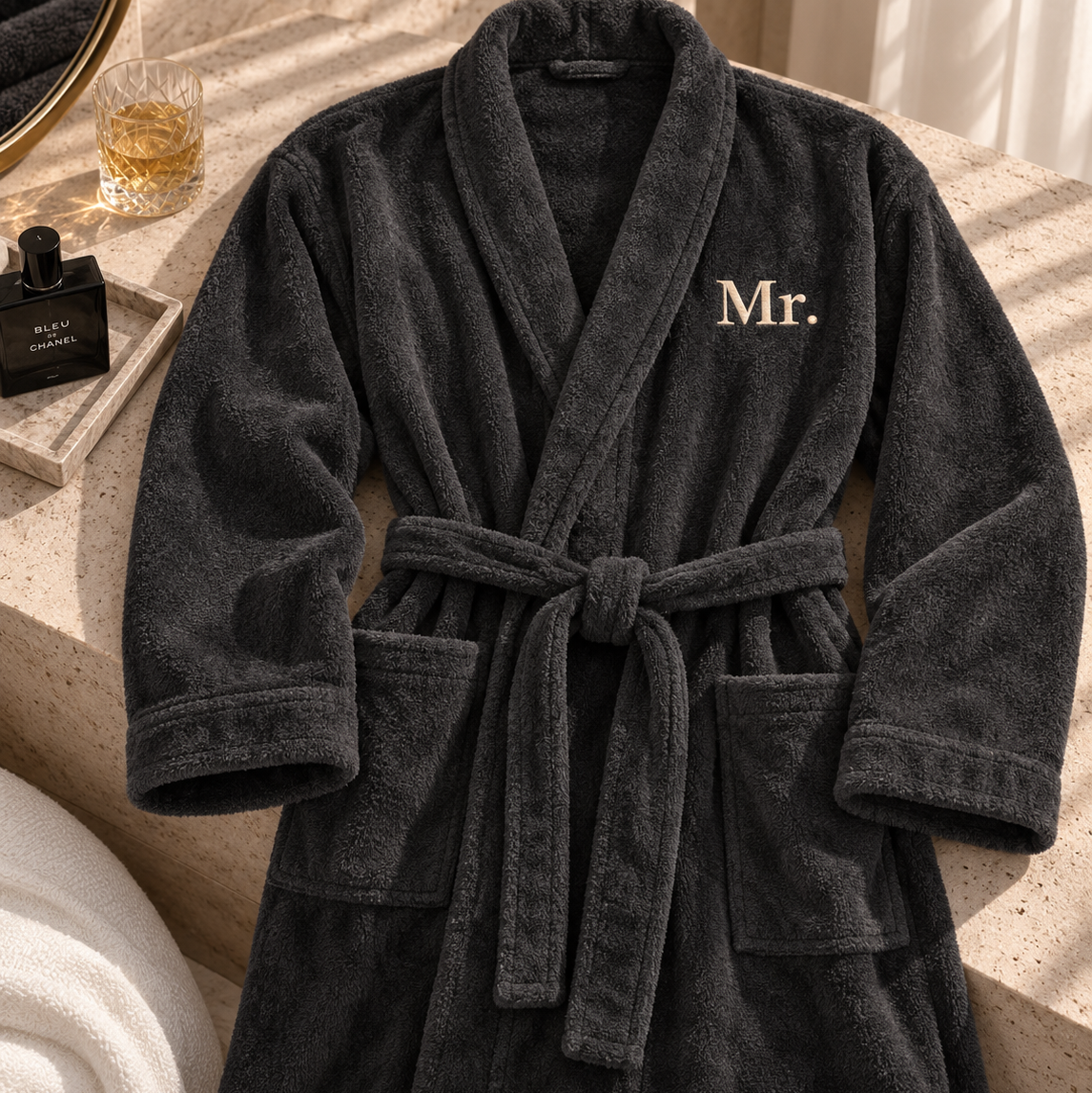 Personalised embroidered velour bathrobe for him