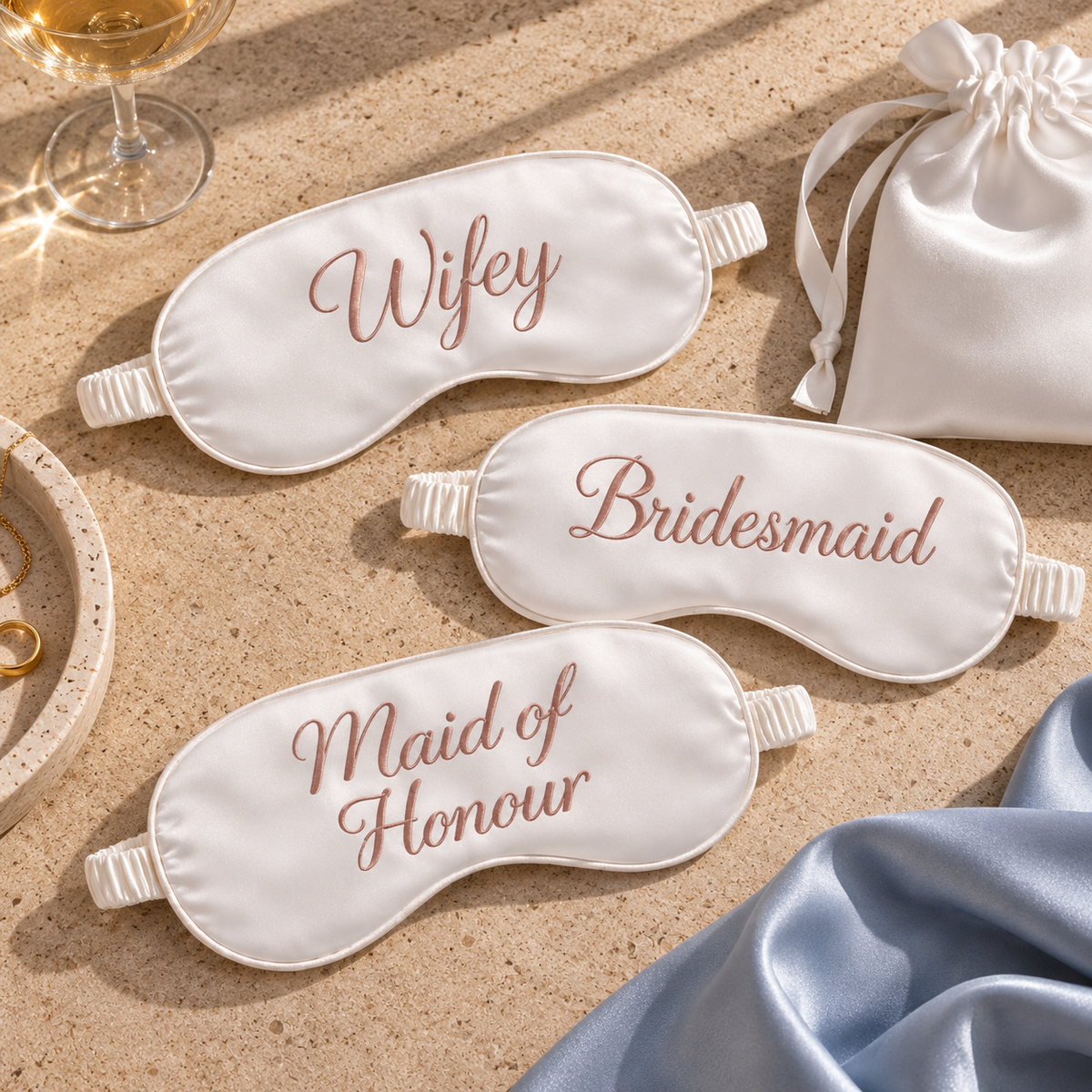 Personalised Bridal Satin Eye Mask with Pouch, single or bulk.