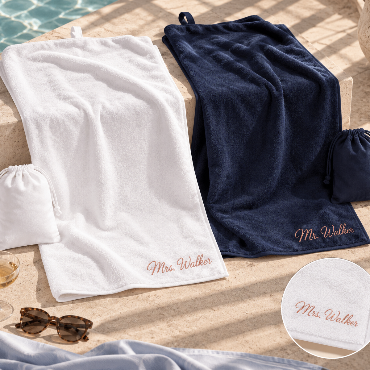 Personalised embroidered quick dry beach towel with pouch