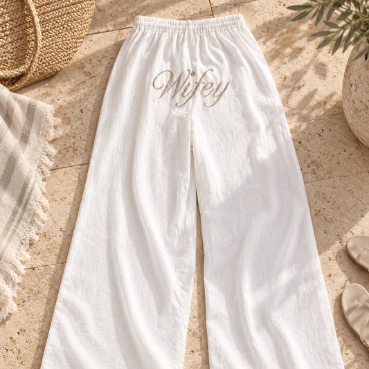 Personalised embroidered white beach style trousers
