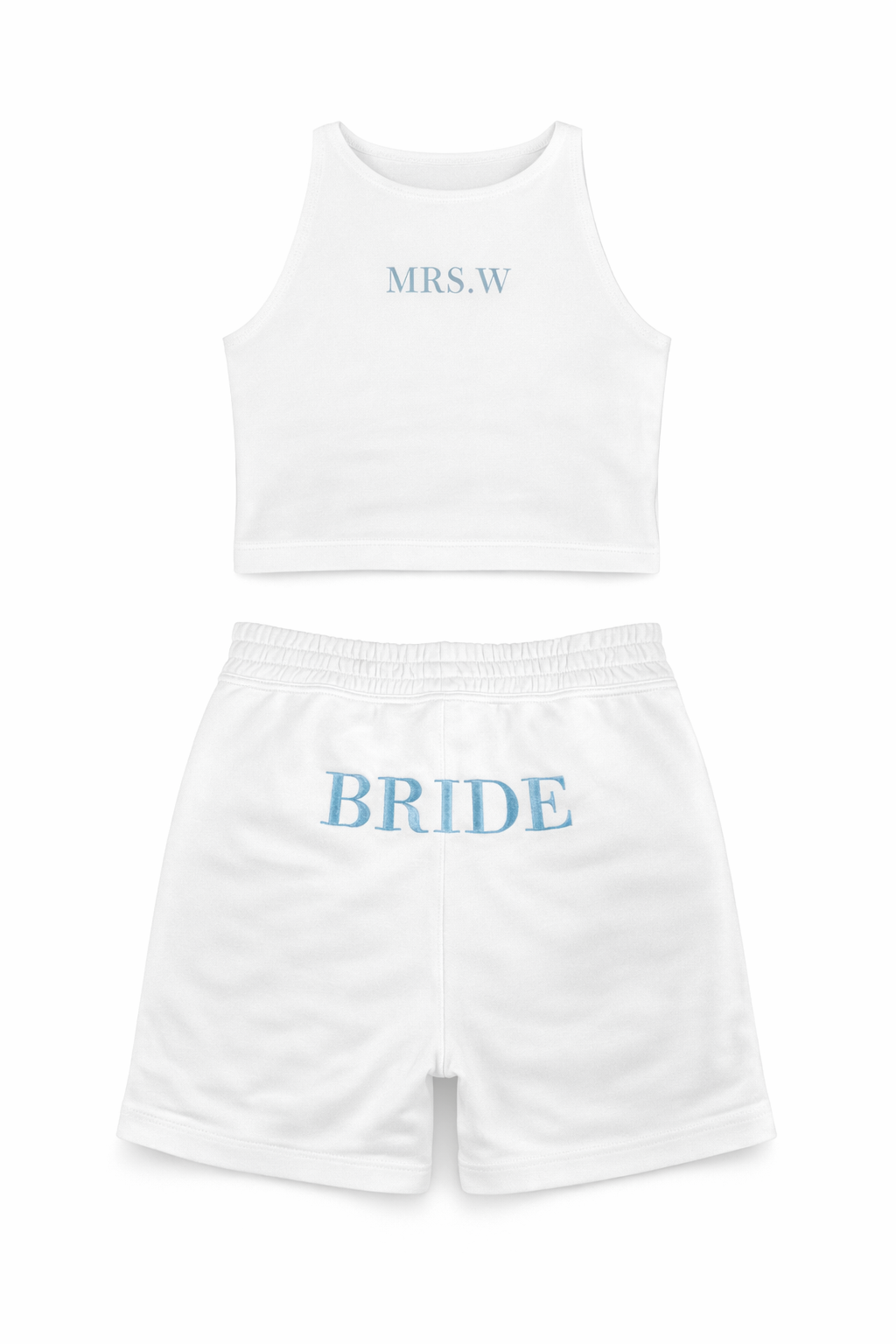 White tank top and shorts set with 'MRS W' and 'BRIDE' text on a white background