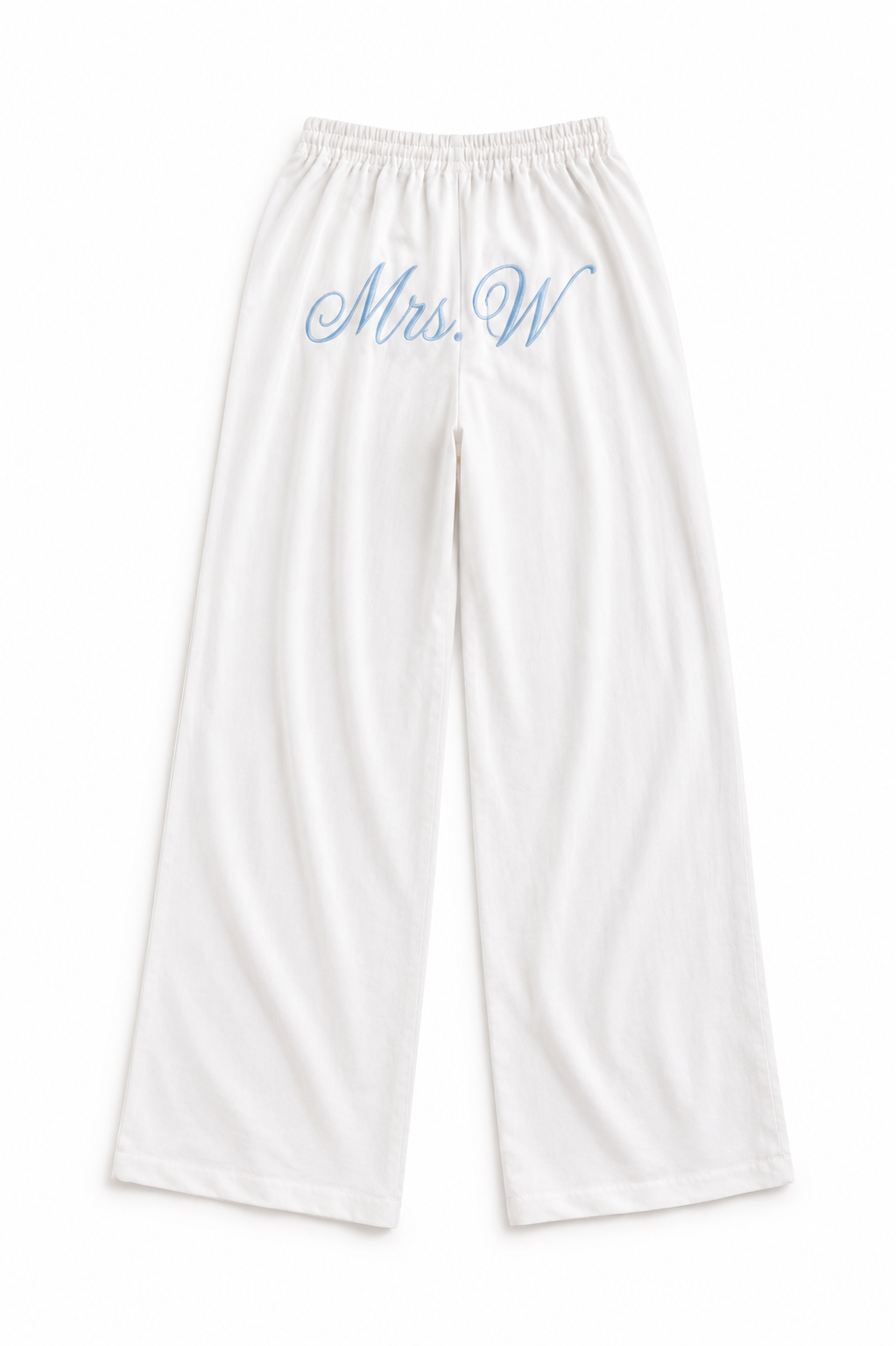 Personalised embroidered white beach style trousers