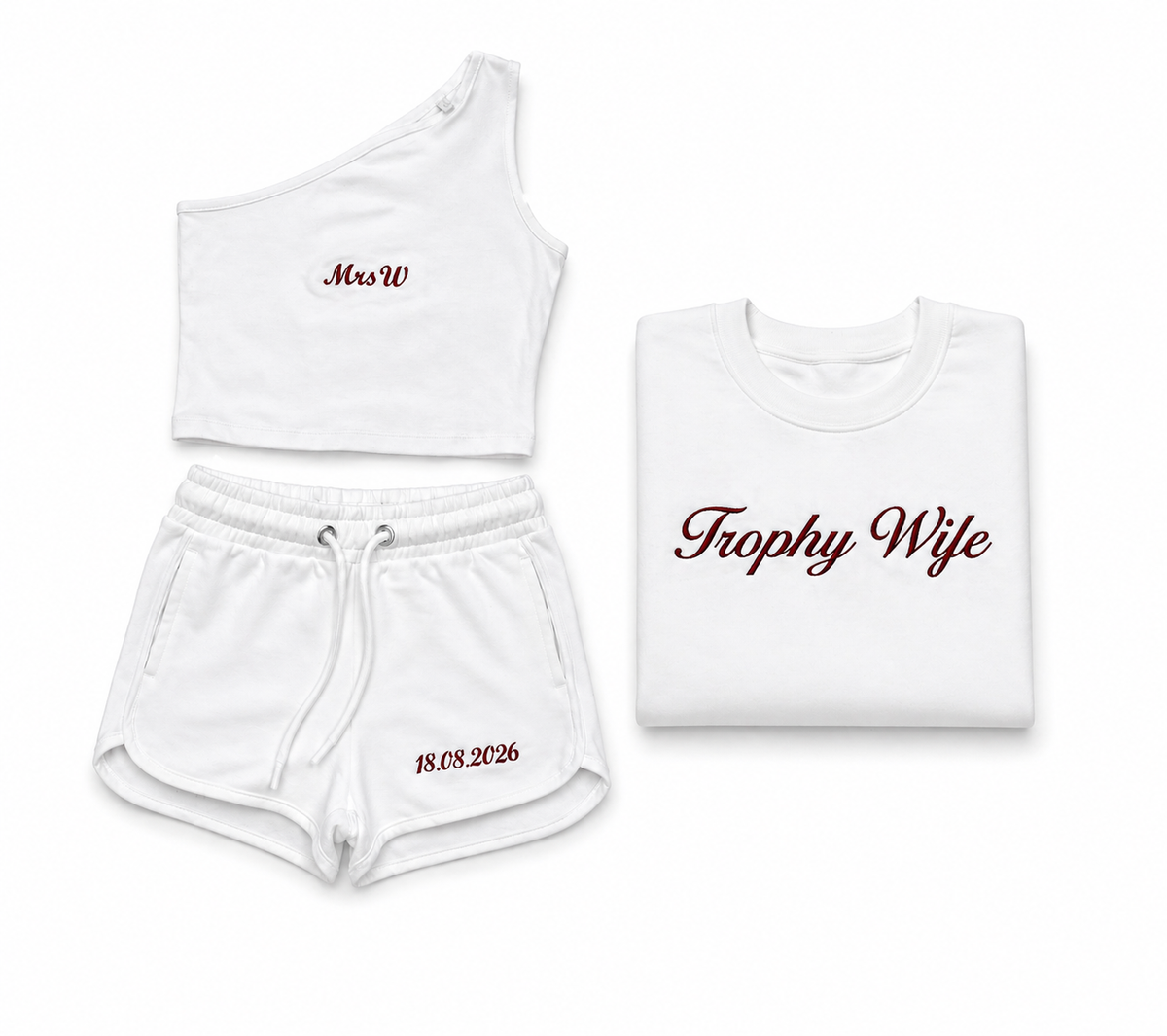 Personalised assymetric white bridal shorts & top co-ord set