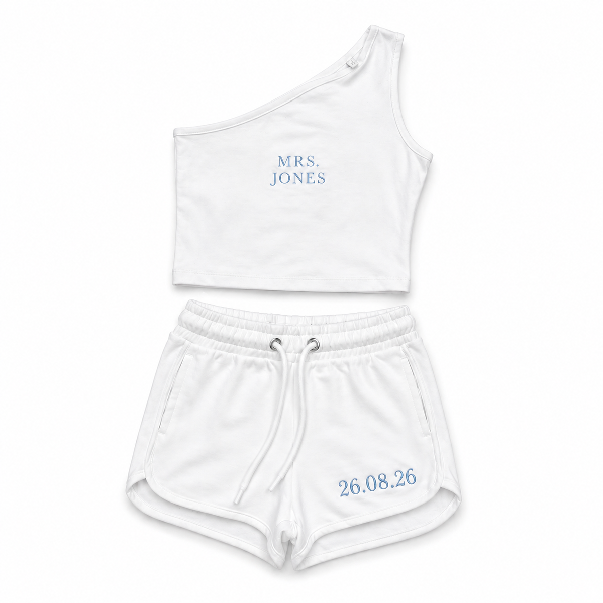 Personalised assymetric white bridal shorts & top co-ord set